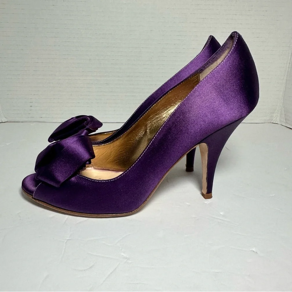 Kate Spade Women’s Purple Satin Peep Toe High Heels with Bow Accent- Size 6.5